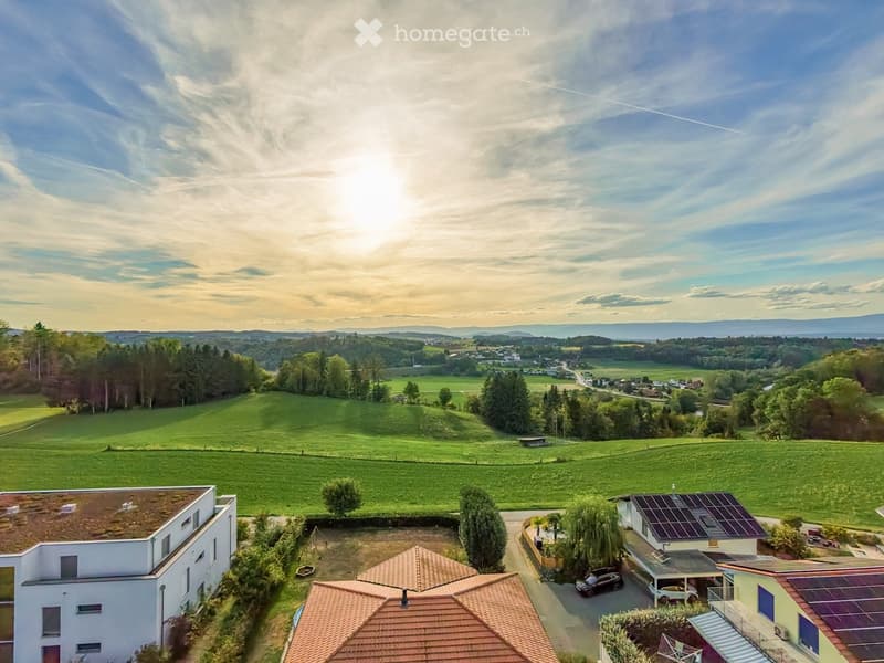 Aerial view of a residential area with multiple houses, green fields, and a parking area.