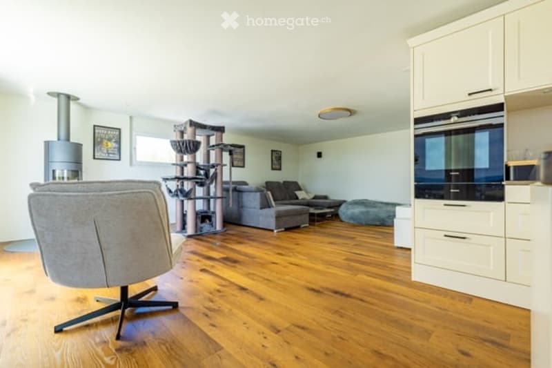 Bright, open living space with light-colored walls and wooden flooring. Features a grey sofa, a single chair, a cat tree, a coffee table, and a modern oven with cabinets above.