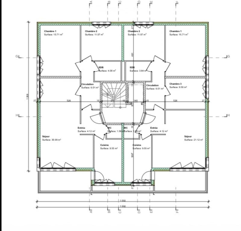 Floor plan of a residential space with labeled rooms including bedrooms, living areas, kitchen, bathrooms, and entrance. Dimensions and surface areas are provided for each room.