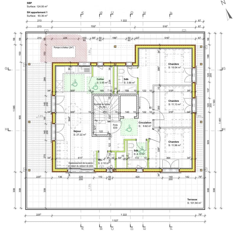 Floor plan of an apartment with labeled rooms including living area, bedrooms, bathrooms, storage, and terrace. Dimensions and measurements are provided for each space.
