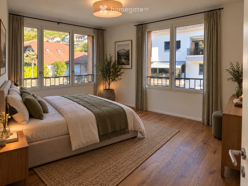 Modern bedroom with a large bed, nightstand, lamp, picture frame, potted plant, and a view of the city through large windows.