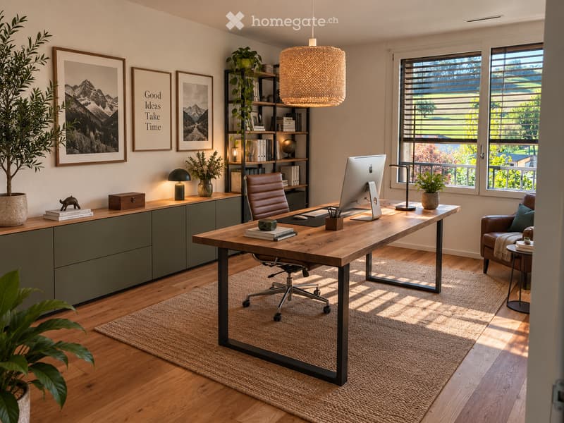 Modern, well-lit office space with a large wooden desk, ergonomic chair, computer screen, and a cozy seating area with a sofa and side table. Shelves hold books and decorative items, and large windows provide natural light.