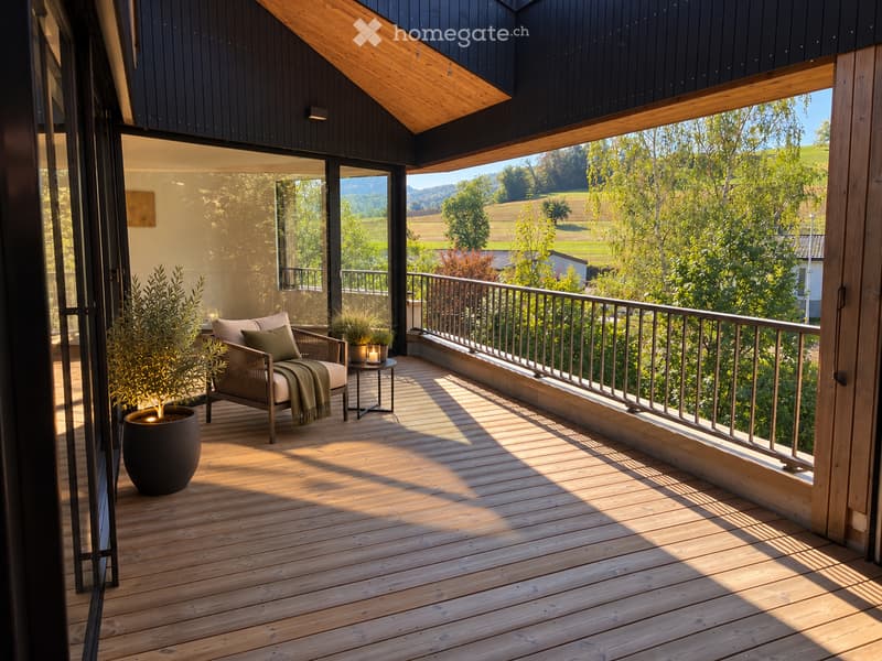 Wooden balcony with a modern design, featuring a lounge chair, small table, potted plants, and a scenic countryside view.