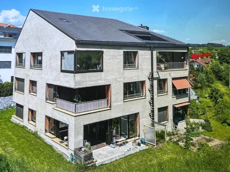 Modern two-story house with grey concrete facade, multiple windows, balconies, and a well-maintained garden area with outdoor furniture.