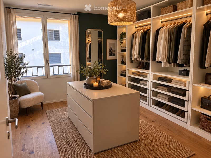 Well-organized walk-in closet with built-in wardrobe, seating area, and decorative elements.