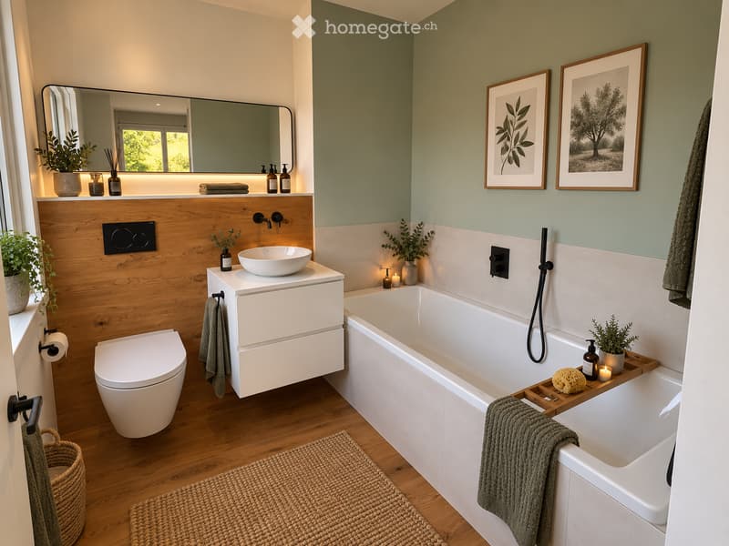 Modern bathroom with a white toilet, sink, bathtub, and large mirror. Features include a wooden vanity, green walls, and decorative plants.