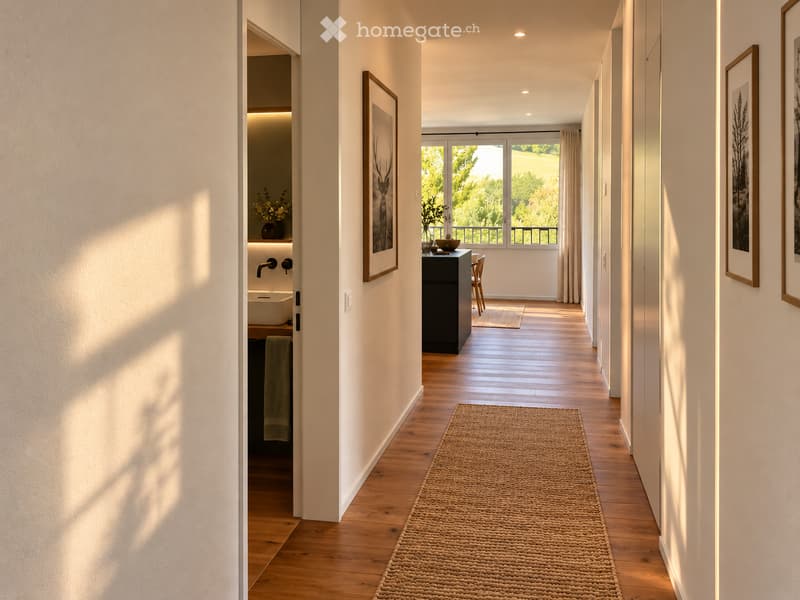 A modern hallway with wooden flooring, framed artwork, and a small rug. A bathroom is visible to the left, and a room with a table and chairs is visible ahead.