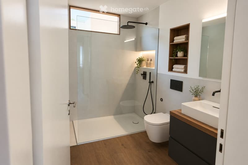 Modern bathroom with a glass-enclosed shower, toilet, sink, and built-in shelving with towels and plants.