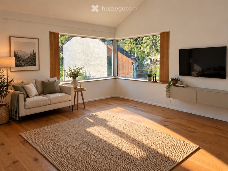 Modern living room with large windows, light-colored sofa, coffee table, floor lamp, television, and decorative plants.