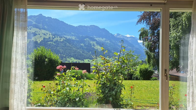 View from a window showing a lush green garden with flowers and a scenic mountain range in the background.