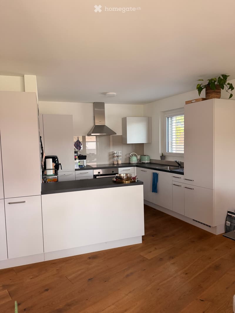 Modern kitchen with white cabinets, black countertops, wooden flooring, and stainless steel appliances including a range hood, oven, and sink.