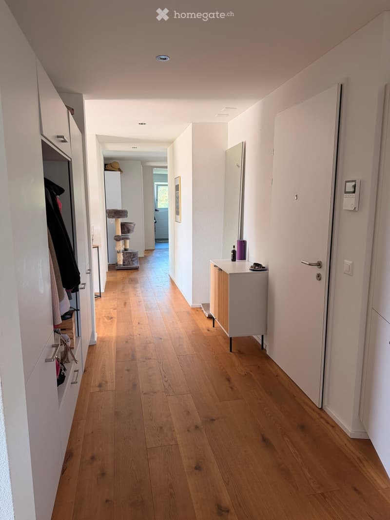 Bright hallway with wooden flooring, white walls, built-in storage units, and a small table with items on it. A cat tree is visible in the background.