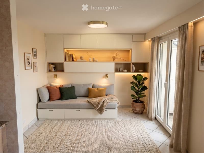 Modern living room with a built-in sofa, colorful pillows, a blanket, built-in shelving with books and decorative items, a large potted plant, and large windows with curtains.