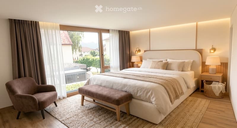 Modern bedroom with a large bed, nightstands, a bench at the foot of the bed, a chair, and a wicker basket on the floor.
