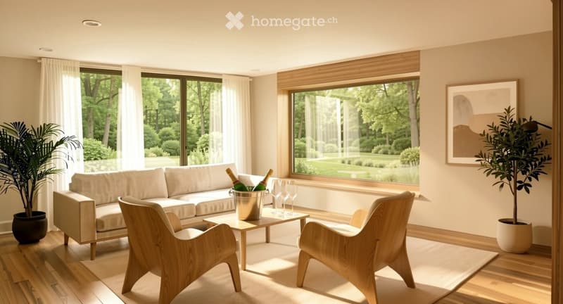 Modern living room with large windows, light-colored sofa, wooden coffee table, two wooden chairs, potted plants, and a picture frame on the wall.