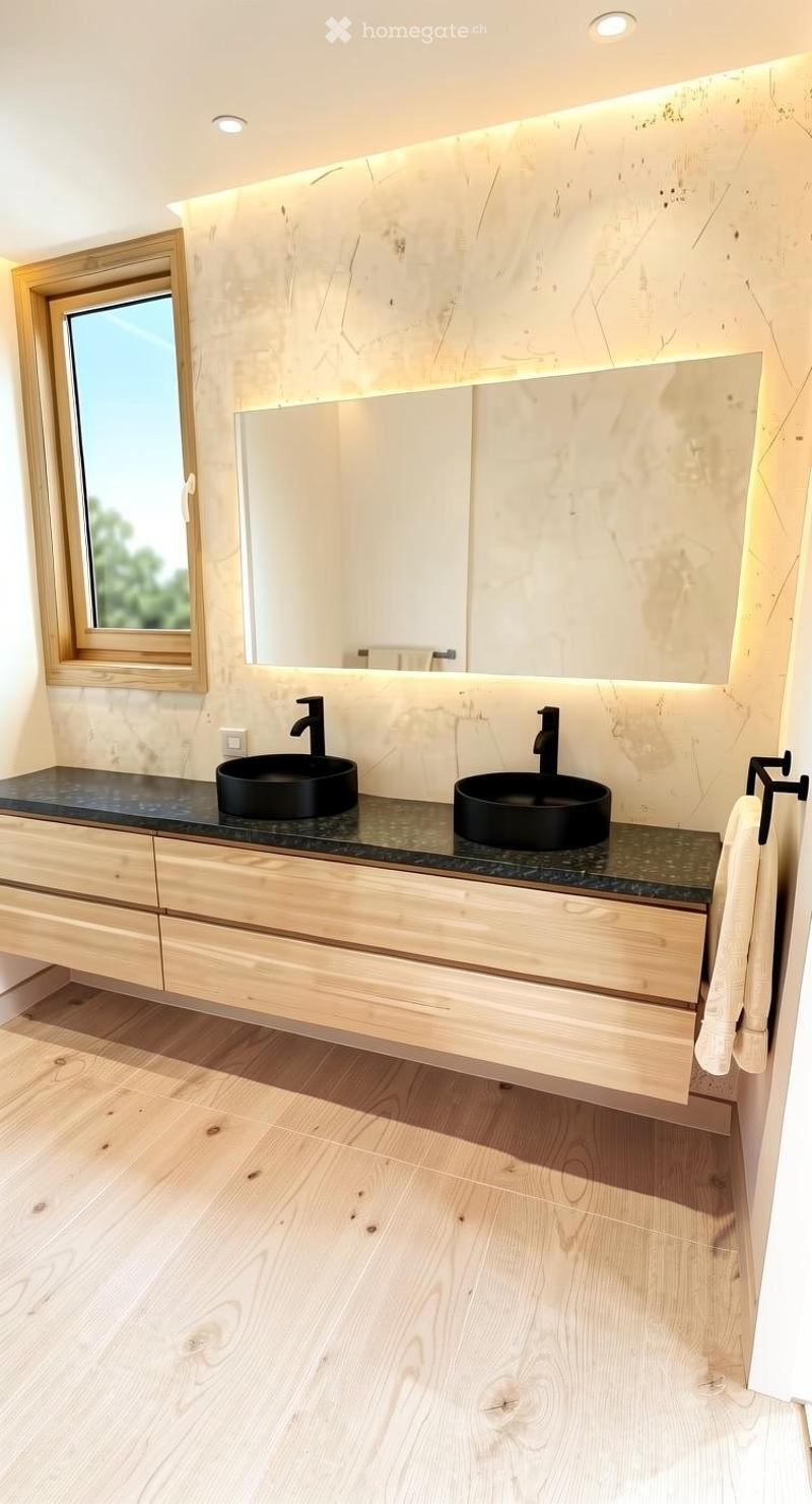 Modern bathroom with wooden flooring, a large mirror with integrated lighting, two black sinks, and a wooden vanity cabinet.