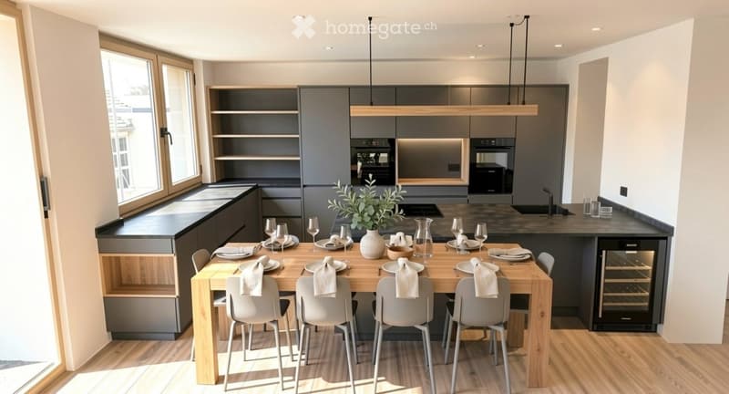 Modern kitchen with grey cabinets, wooden dining table, and grey chairs. Features a wine cooler, sink, and decorative vase with greenery.