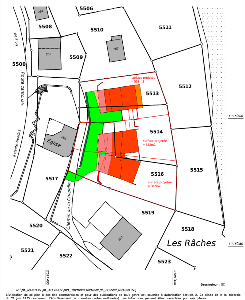 Floor plan showing a plot of land divided into multiple sections with different colors and labeled areas, including projected surface areas.
