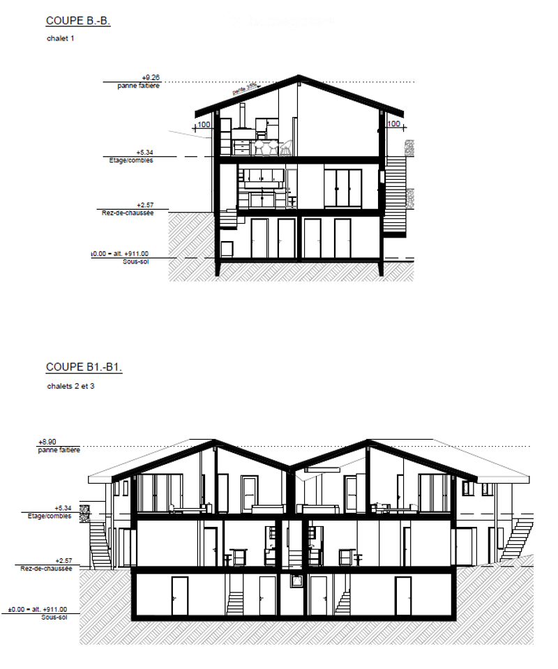 Architectural floor plan showing two building sections: Coupe B.B (chalet 1) and Coupe B1-B1 (chalets 2 and 3). Includes detailed measurements, room layouts, and structural elements.