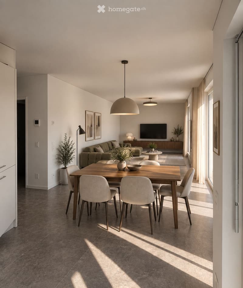Bright, modern living and dining area with a wooden dining table, six chairs, a green sofa, ottoman, coffee table, television, floor lamp, table lamp, and potted plants.