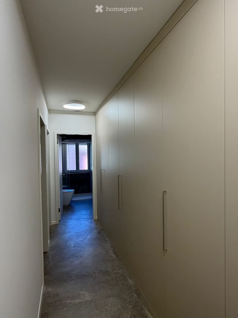 A modern hallway with grey walls, a round ceiling light, and a tiled floor. A door leads to a bathroom with a toilet visible in the background.