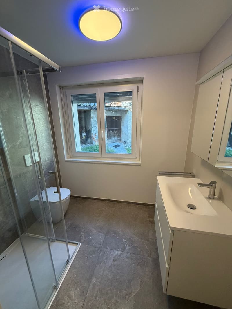 Modern bathroom with a toilet, sink, and glass-enclosed shower. Features a large window with a view of an outdoor area.