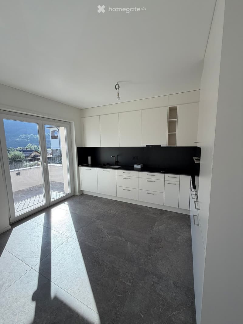 Modern kitchen with white cabinets, black countertop, and a sink. Large sliding glass door offers a view of the outdoor area.