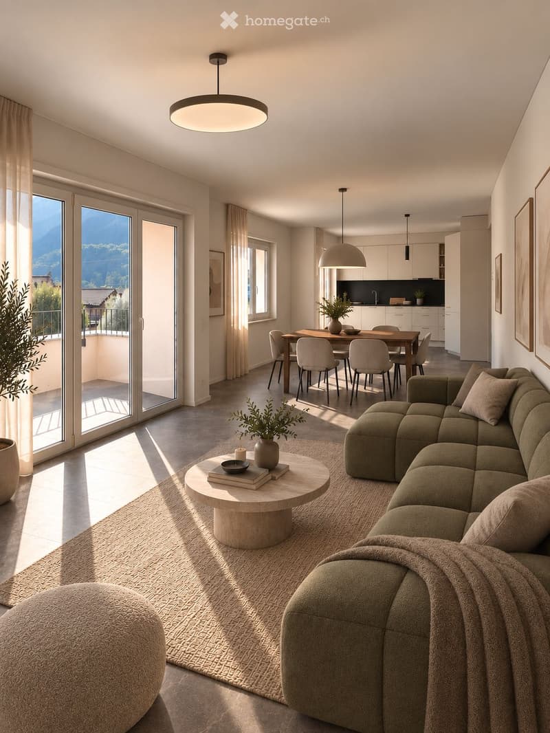 Modern living and dining area with large windows offering a scenic view, featuring a green sectional sofa, round coffee table, ottoman, dining table with chairs, and a sleek kitchen area.