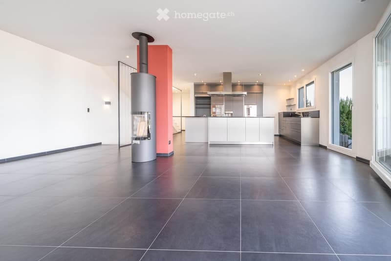 Modern kitchen with dark tiled floor, white cabinets, central island, stainless steel appliances, and a wood-burning stove.