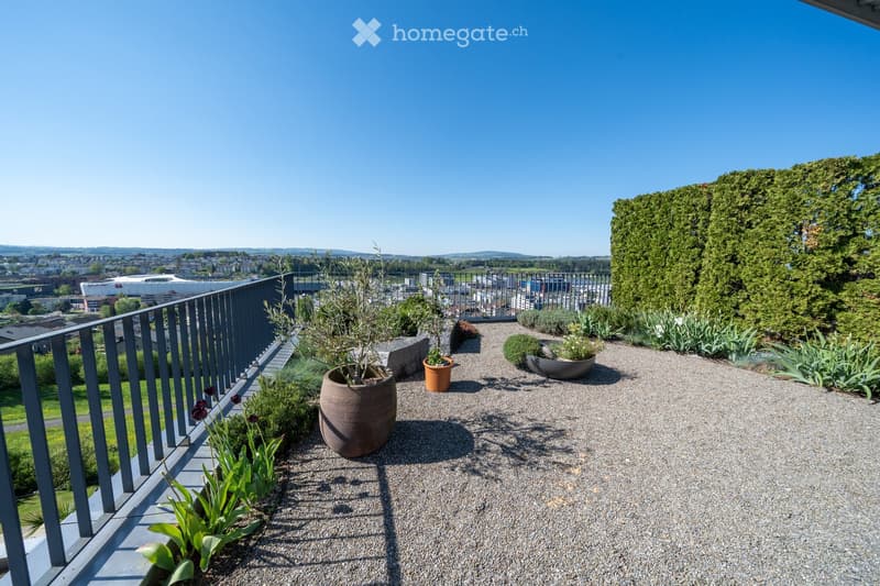 A modern rooftop terrace with gravel flooring, metal railing, and several potted plants, offering a panoramic city view.