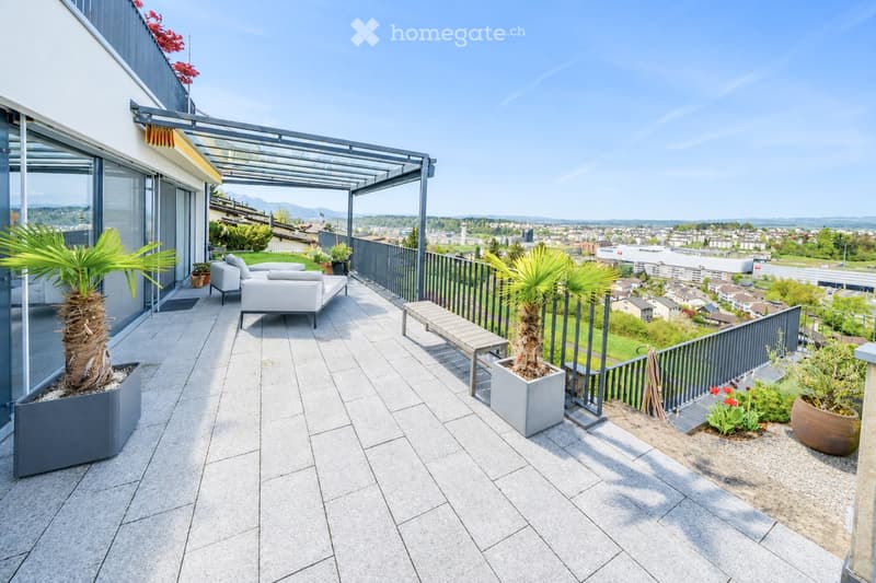 Modern rooftop terrace with a panoramic city view, featuring a sofa, a bench, and several potted plants, including palm trees and flowering shrubs.