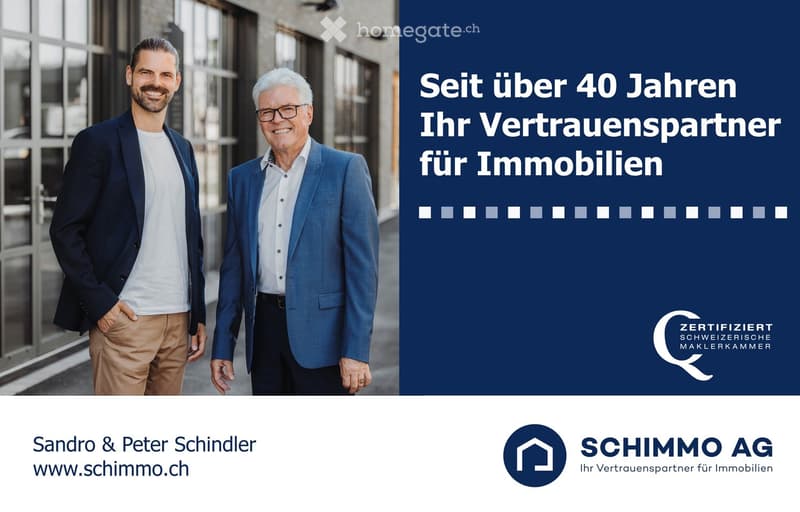 Promotional image for real estate services featuring two men in front of a modern building with large windows. The text highlights over 40 years of experience as trusted partners for real estate.