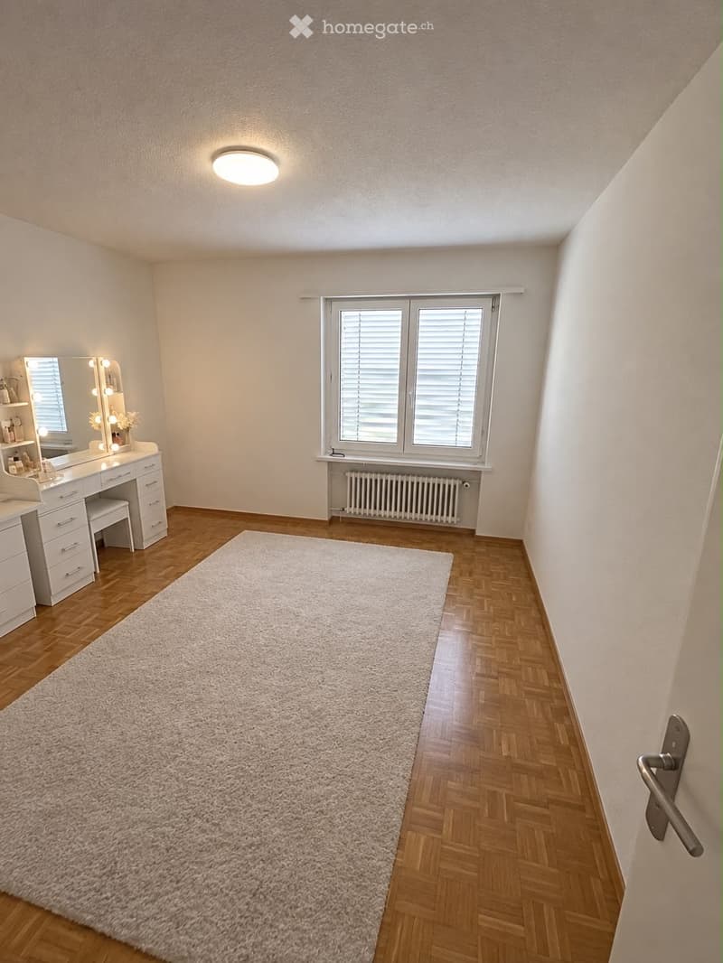A well-lit room with wooden flooring, a large white shag rug, a vanity with a mirror, and a radiator under a window with blinds.