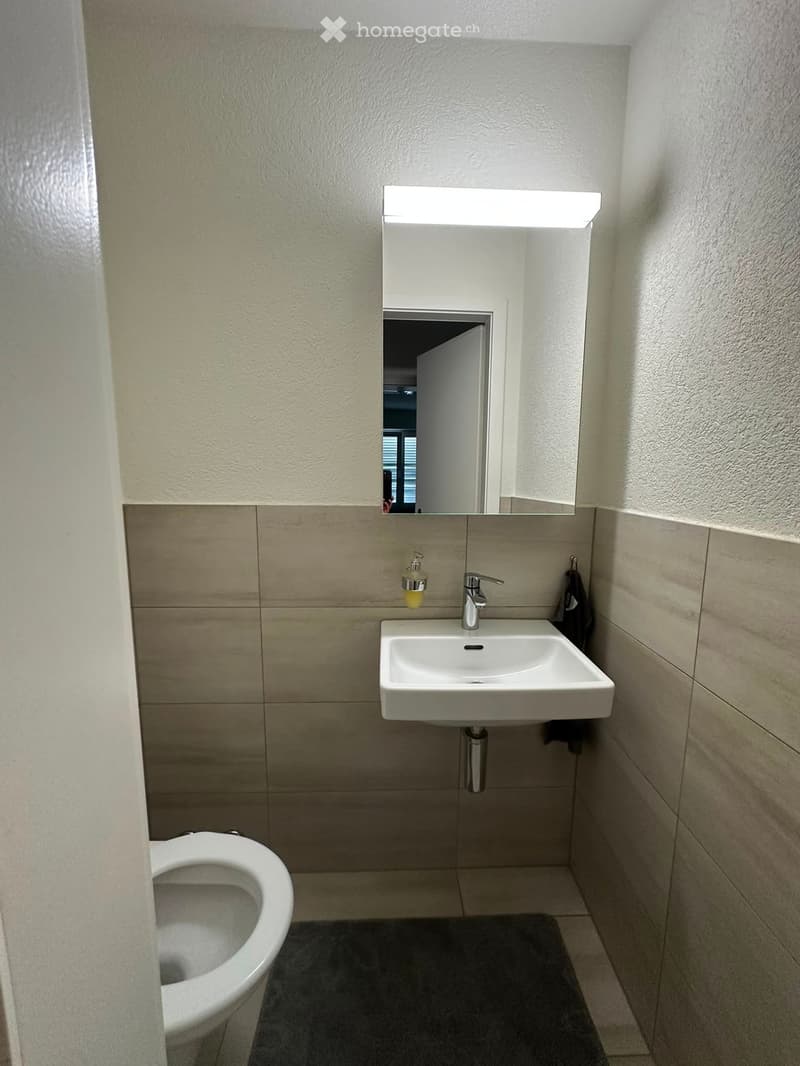 Modern bathroom with a white sink, chrome faucet, toilet, mirror with built-in lighting, soap dispenser, and a towel hanging on the wall.