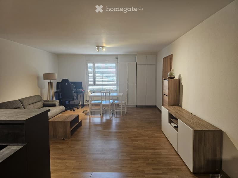 A modern, open-concept living and dining area with light wood flooring, white walls, and large windows. Features include a grey sofa, coffee table, dining table with chairs, a floor lamp, and a TV screen on a stand.
