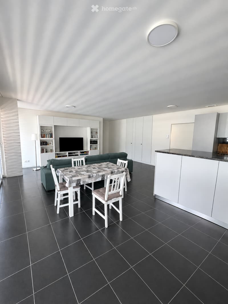 Modern living and dining area with a green sofa, dining table with chairs, television, white cabinets, and a floor lamp.