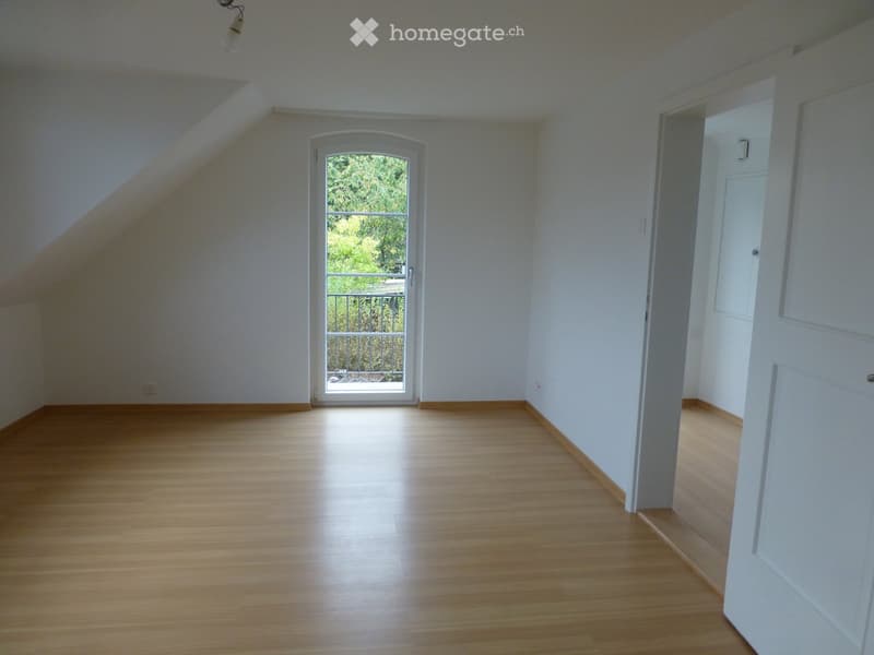 Empty room with wooden flooring, white walls, and a large window with a view of greenery outside.