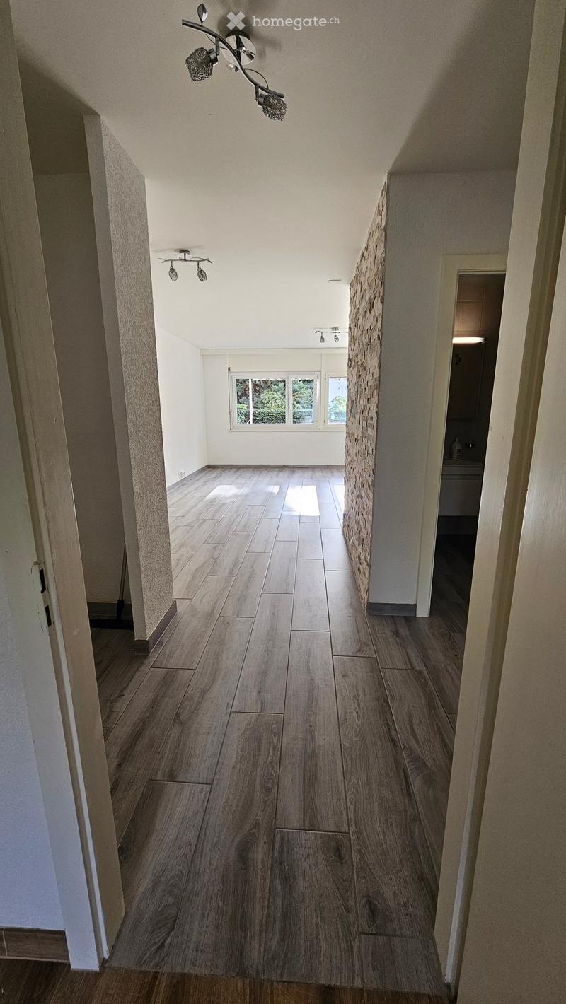 Spacious hallway with wooden flooring, white walls, and modern lighting fixtures. Features a textured wall section and a window at the far end.