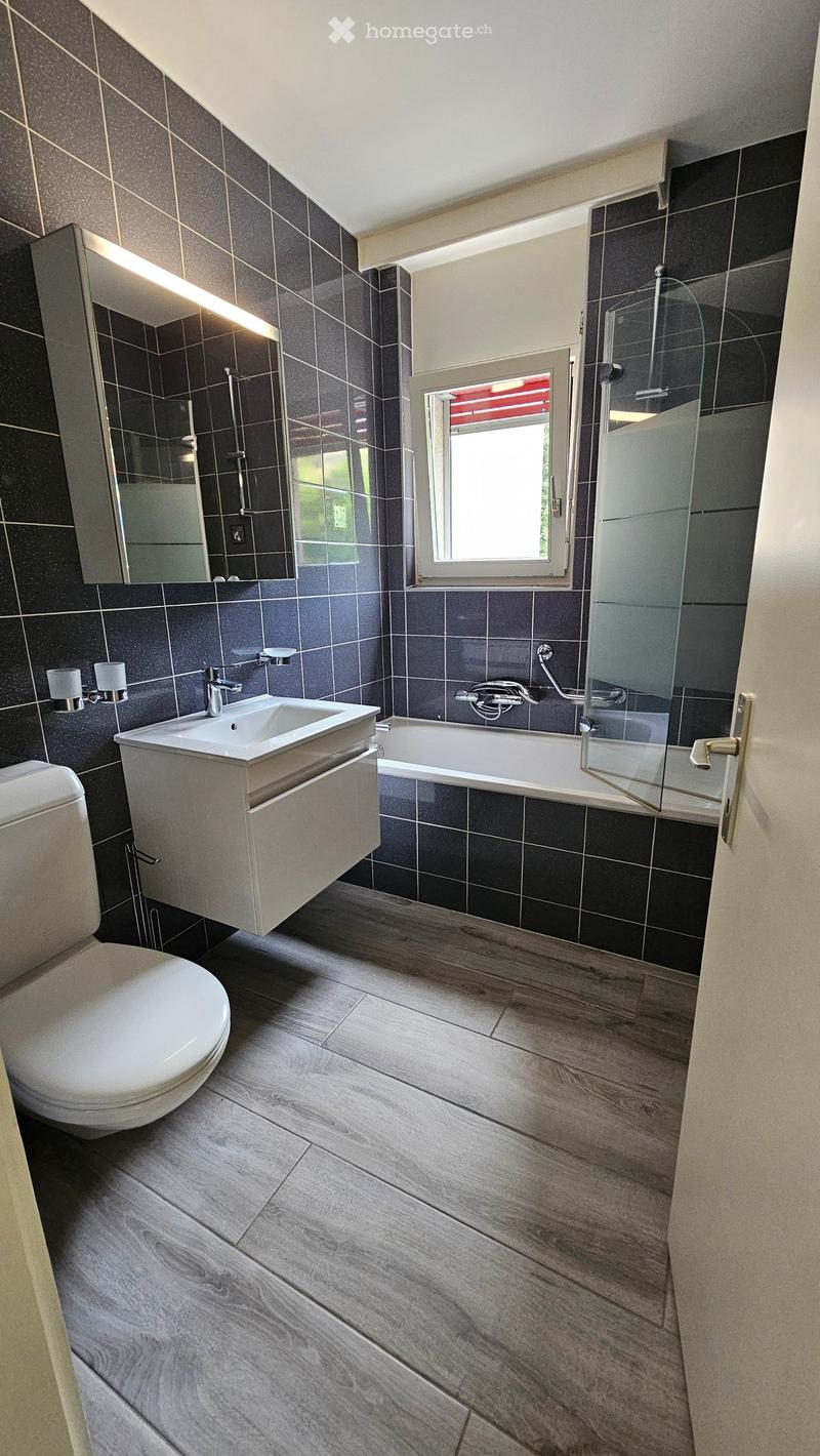 Modern bathroom with dark tiled walls, light wooden flooring, a white sink, toilet, bathtub, and a mirrored cabinet.