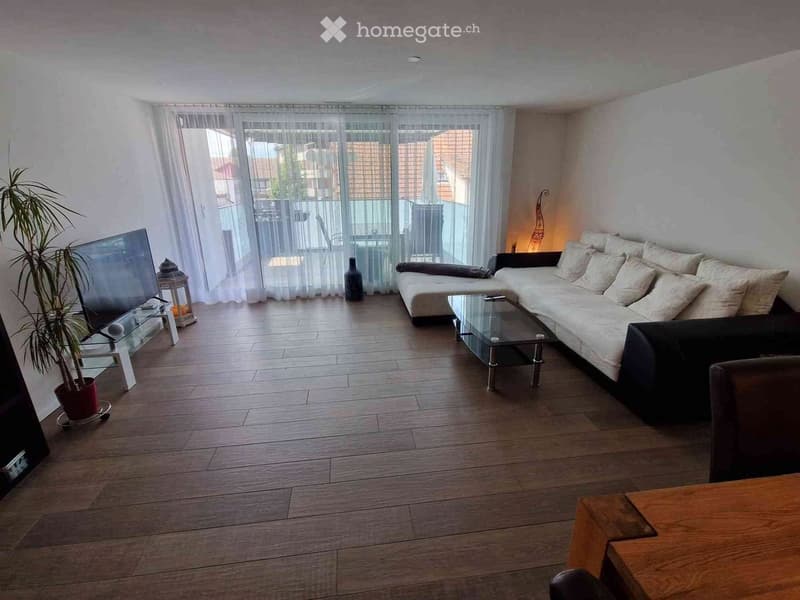 Balcony, large windows, TV, couch, coffee table, wood floor, decorative items