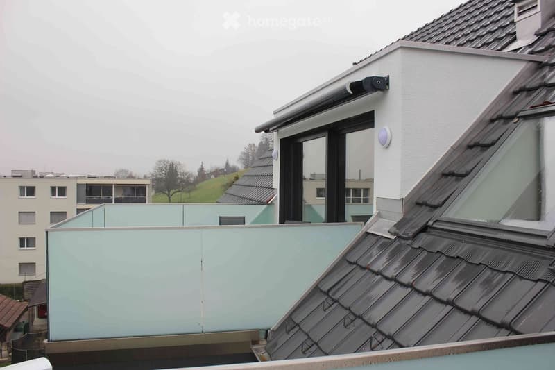 glass-enclosed balcony, sloped roof, black shingles, metal railing, nearby buildings