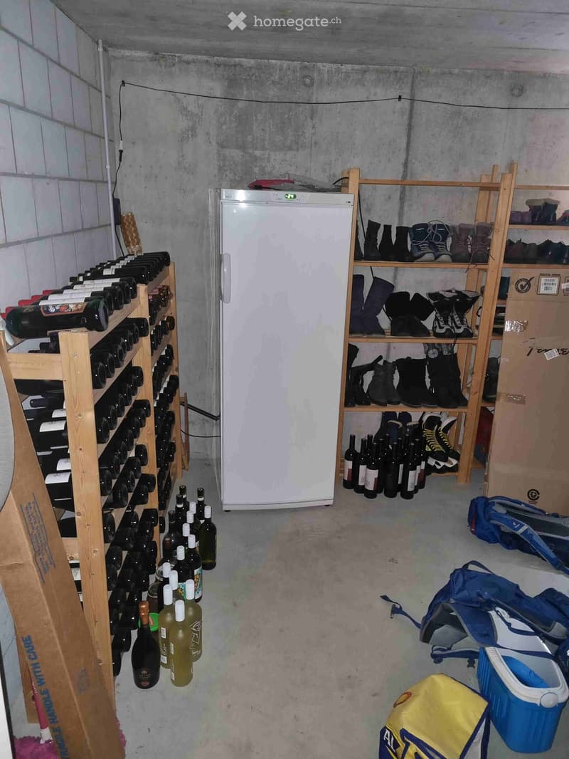A small, concrete-walled storage room with a refrigerator, wooden wine racks, shelves holding shoes and bottles, and various bags and boxes on the floor.