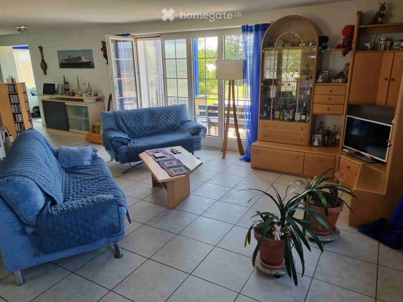 Bright living room with tiled floor, large windows, blue sofa, coffee table, cabinet, and potted plant.