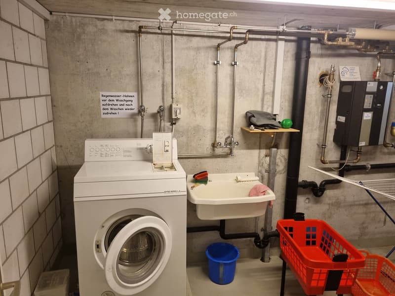Utility room with a washing machine, sink, and various cleaning supplies.