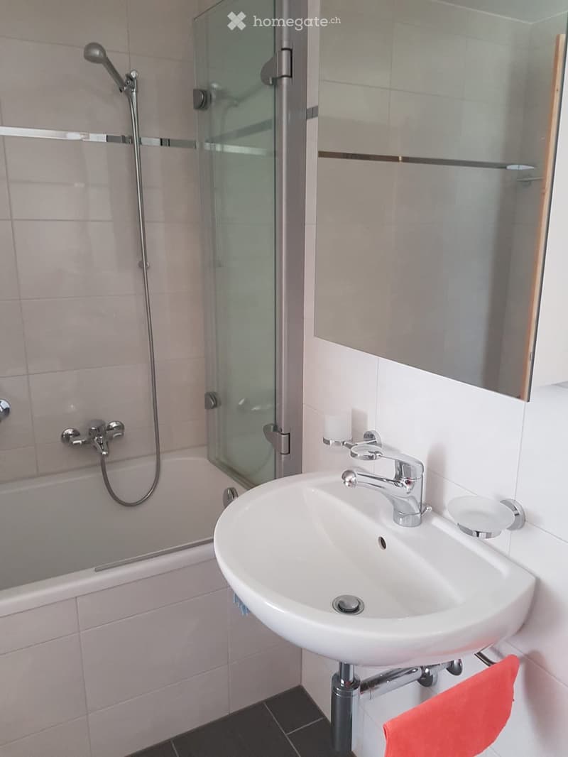 Modern bathroom with a white sink, chrome faucet, bathtub, glass shower enclosure, and a red towel hanging on a rack.