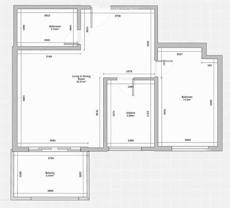 Floor plan showing a living and dining room, kitchen, bedroom, bathroom, and balcony with labeled dimensions.
