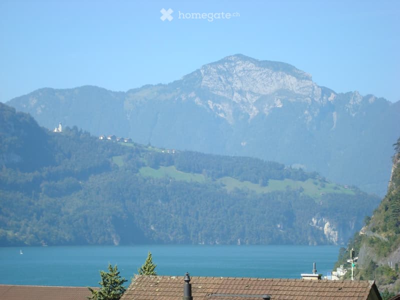 Lake, mountains, trees, houses