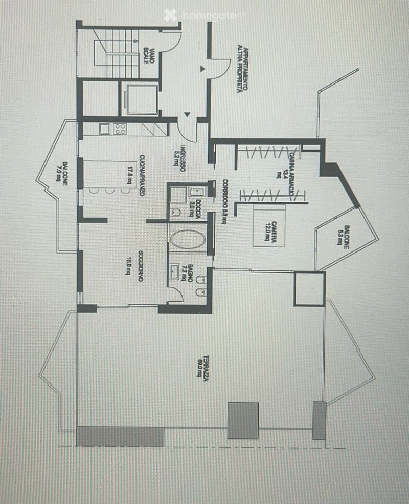 Floor plan showing a living room, kitchen, two bedrooms, two bathrooms, and a balcony.
