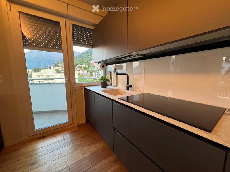 Modern kitchen with dark cabinets, a countertop, a sink, and a view of the mountains through large windows.