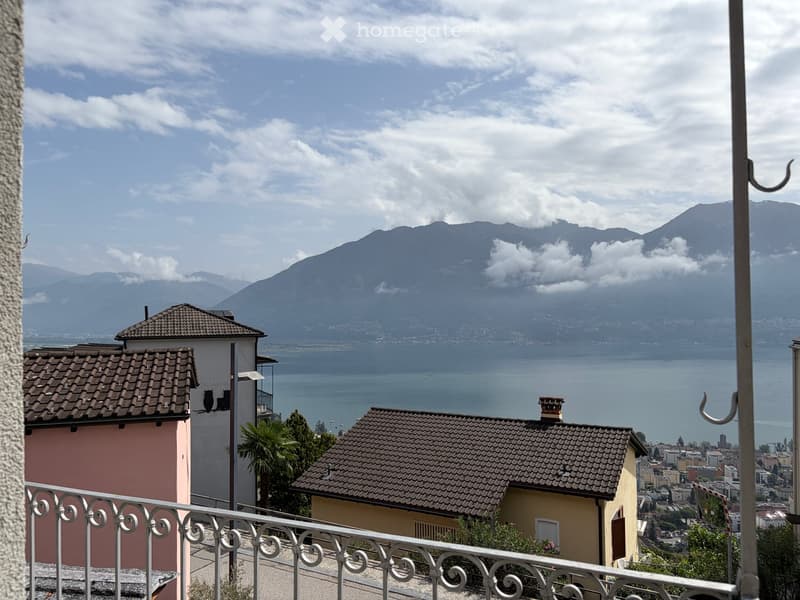 Balcony overlooking a scenic lake with distant mountains, featuring a metal railing and several buildings in the foreground.